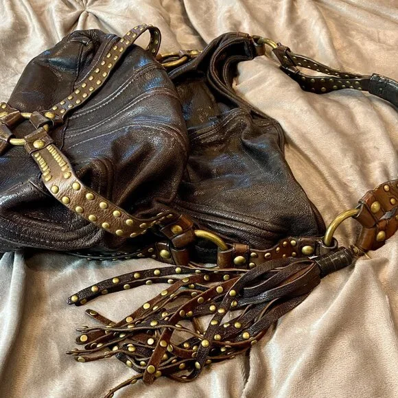 BOTKIER VINTAGE BOMBAY BURGUNDY/BROWN GOLD STUDDED TALL LEATHER HANDBAG - Picture 3 of 12